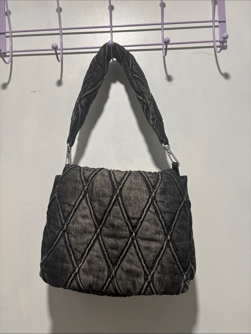 DIESEL Quilted denim shoulder bag MISISNG CHARM AND LONG STRAP